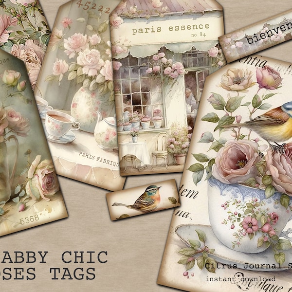 Étiquettes shabby chic, journal indésirable, étiquettes de journal, hors-texte de journal, étiquettes roses, oiseau vintage, tasse à thé, floral blush, étiquettes numériques, éphémères Français