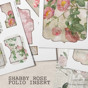 Junk Journal Kit, Trifold, Folio, Journal Insert, Collage Sheet, Pocket Tags, Journal Tags, Shabby Rose, Ephemera Journal, Rose Junk Journal