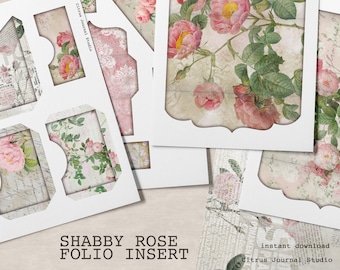 Junk Journal Kit, Trifold, Folio, Journal Insert, Collage Sheet, Pocket Tags, Journal Tags, Shabby Rose, Ephemera Journal, Rose Junk Journal