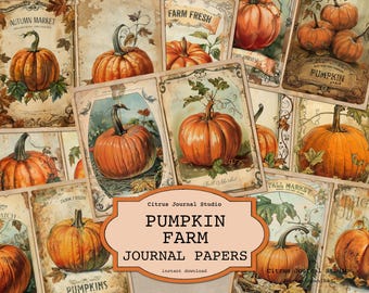 May include: A collage of vintage-style journal papers featuring illustrations of pumpkins. The papers have a sepia tone with text such as "Autumn Market," "Farm Fresh," and "Pumpkin Farm Journal Papers." The pumpkins are orange with green stems.