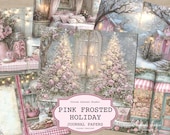 Pink Christmas Junk Journal – Shabby Chic Journal, Winter Christmas Tree Digital Kit, Holiday Scrapbook