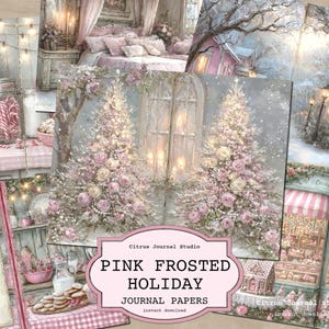 Puede incluir: Un collage de papeles de diario de estilo vintage con un tema festivo rosa helado. Las imágenes incluyen un árbol de Navidad, un dormitorio y una panadería. El texto de la imagen dice "Pink Frosted Holiday Journal Papers."