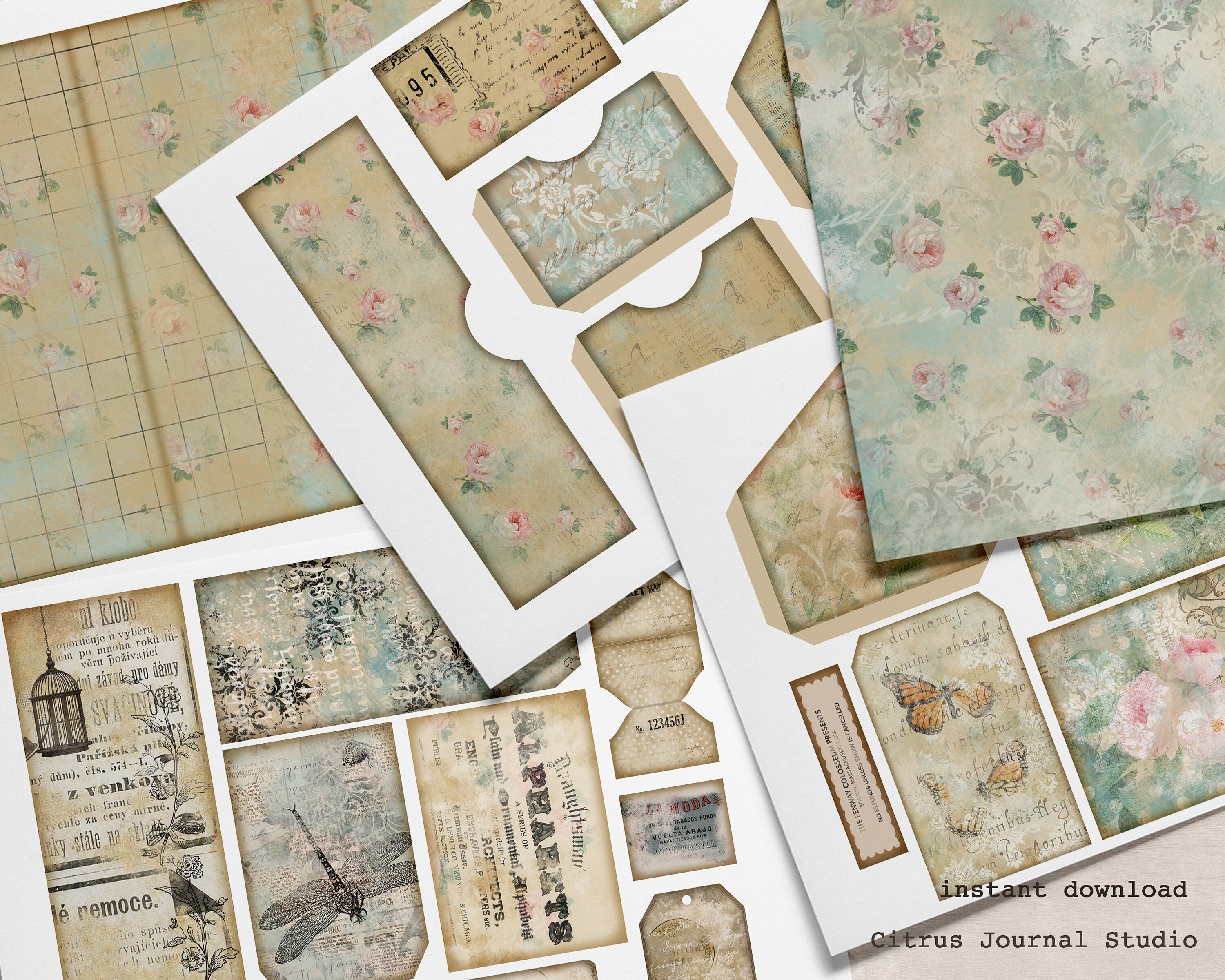 Folio Journal, Junk Journal Kit, Collage Sheet, Pocket Tag, Journal Tag ...