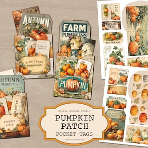 May include: A collection of vintage-style pocket tags featuring pumpkins. The tags have various designs, including "Autumn Market," "Farm Fresh Pumpkins," and "Pumpkin Patch." The color palette includes orange, green, and brown, evoking a fall harvest theme.