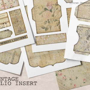 May include: Vintage folio insert printable digital download with a variety of decorative frames and labels. The frames and labels feature a vintage aesthetic with floral patterns, handwritten text, and a distressed look. The text on the labels includes "No. 23144", "Patisserie & Confiserie", and "Citrus Journal Studio".