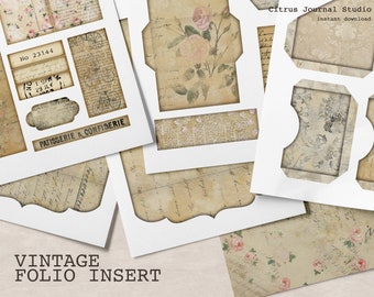 Vintage Insert, Junk Journal Kit, Trifold, Folio, Journal Insert, Collage Sheet, Pocket Tags, Journal Tags, Shabby Rose, Ephemera Journal