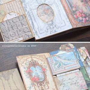 May include: A vintage-style scrapbook with decorative paper and embellishments. The scrapbook is open to reveal a page with a floral design and a handwritten note. The scrapbook is made of paper and has a brown cover.