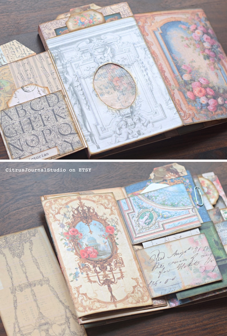 May include: A vintage-style scrapbook with decorative paper and embellishments. The scrapbook is open to reveal a page with a floral design and a handwritten note. The scrapbook is made of paper and has a brown cover.