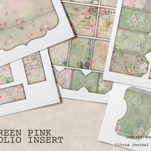 Shabby Green, Junk Journal Kit, Trifold Folio, Journal Insert, Collage Sheet, Pocket Tag, Journal Tag, Shabby Rose, Ephemera, Embellishments