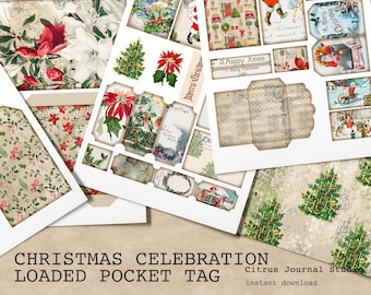 May include: A collection of Christmas-themed ephemera, including tags, labels, and patterned papers. Designs feature poinsettias, Christmas trees, vintage illustrations, and the text "Christmas Celebration Loaded Pocket Tag". The color palette includes red, green, and cream.