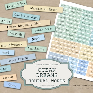 Ocean Junk Journal, Palabras de diario, Sea Junk Journal, Palabras de diario náutico, Beach Junk Journal, Palabras imprimibles, Diario basura, Palabra digital