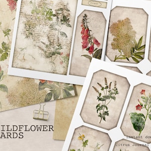 Botanical Journal Card, Ephemera, Wildflower Journal, ATC, Journal, Pocket Tag, vintage Journal, Scrapbook, Botanical Tags, Junk Journal Kit