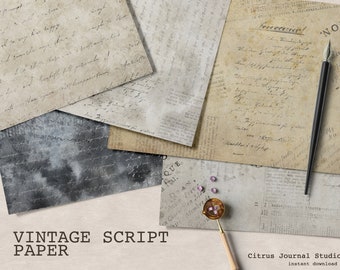 Grunge Junk Journal Kit, Vintage Script Collage Sheets, Printable Scrapbook Paper, Antique Decorative Paper, Digital Download Journal Kit