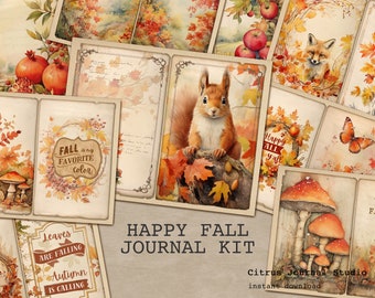 Autumn Journal Kit, Fall Junk Journal, Squirrel, Fox, Hello Fall, Junk Journal, Digital Tags, Loaded Tags, Farmhouse, ATC, Mushrooms Tags