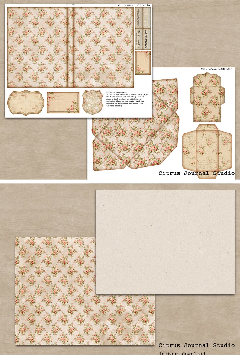May include: Printable journal cover featuring a floral pattern. The cover is designed to be printed on cardstock and includes instructions for assembling the journal. The text on the cover reads "Citrus Journal Studio".
