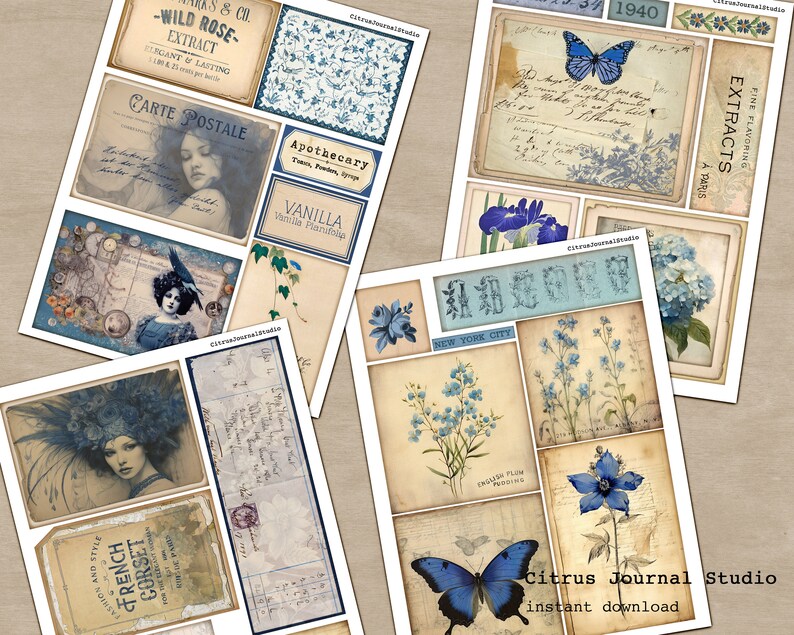May include: A digital collage sheet with vintage images and text. The sheet features blue and white floral designs, butterflies, and text that reads "Wild Rose Extract", "Carte Postale", "Apothecary", "Vanilla", "French Corset", "Extracts", "New York City", and "Citrus Journal Studio".