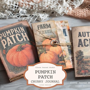 Op de afbeelding: Drie tijdschriften in vintage-stijl met herfstthema's. De tijdschriften bevatten illustraties van pompoenen en herfstlandschappen. Eén tijdschrift leest "Pumpkin Patch", een ander "Farm Fresh" en de derde "Autumn Acres".