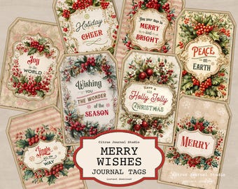 Vintage Christmas Gift Tags Printable, Merry Christmas Tags, Holiday Greetings Tags, Junk Journal Ephemera, Christmas Wishes Labels