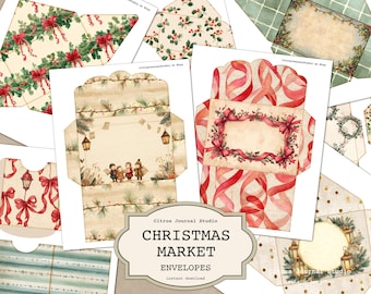 Christmas Market Envelopes, Vintage Holiday Pocket Flaps, Junk Journal Insert