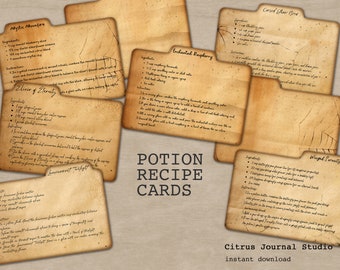 May include: A set of printable potion recipe cards with a vintage aesthetic. Each card features a different potion name, ingredients, and instructions. The cards are designed to look like old, worn paper with a spiderweb pattern.