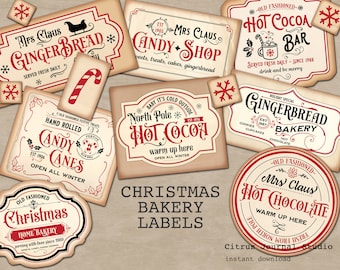 Christmas Labels, Hot Cocoa, Gingerbread Bakery, Christmas Bakery, Vintage Christmas Holiday Labels Junk Journal Christmas Tags Bakery Signs