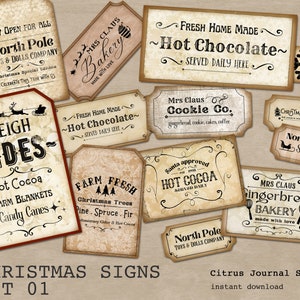 Christmas Signs, Digital Kit, Christmas Ephemera, Vintage Christmas Christmas Tags Junk Journal Farmhouse Christmas Embellishments, Ephemera