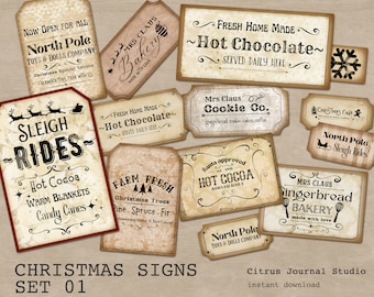 Christmas Signs, Digital Kit, Christmas Ephemera, Vintage Christmas Christmas Tags Junk Journal Farmhouse Christmas Embellishments, Ephemera