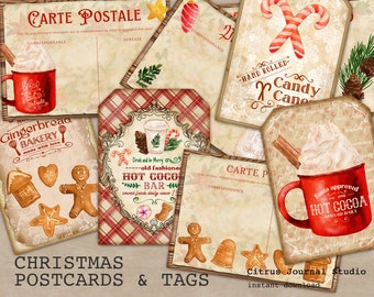 May include: A collection of vintage-style Christmas postcards and tags. The designs include a red mug of hot cocoa, gingerbread cookies, candy canes, and the text "Christmas Postcards & Tags". The overall color palette is warm and inviting.