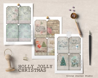 Könnte beinhalten: Eine Sammlung von Vintage-Weihnachtsetiketten mit floralen und Spitzen-Details. Die Etiketten zeigen festliche Phrasen wie "Merry Christmas" und "Believe in the Magic". Die Worte "Holly Jolly Christmas" sind unten im Bild zu sehen.