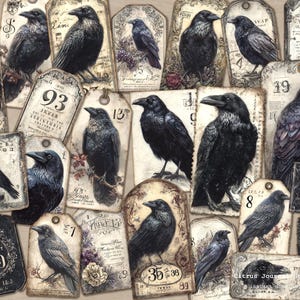 May include: A collection of aged tags with illustrations of black crows. The tags have a distressed appearance, with numbers and botanical details. The crows are shown in different poses, creating a gothic or Halloween theme.