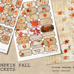 Tickets, Junk Journal Kit, Ephemera, Embellishments, Orange Roses, Pumpkin Tickets, Autumn, Thanksgiving Tickets, Fall, Chic Vintage Ticket