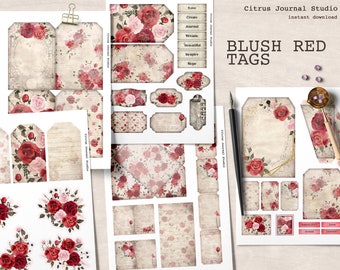 Red Rose Journal, kieszonkowy tag, zestaw dziennika śmieci, efemeryda do druku, Shabby Chic, Vintage Rose, Vintage Notatnik, cyfrowa róża, dziennik śmieci