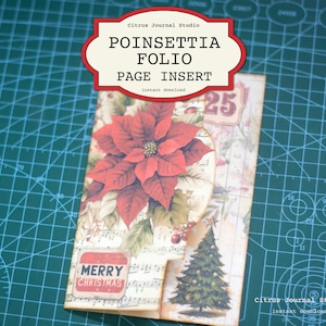 Insertion de page folio de Noël, carte postale vintage de journal indésirable de Noël, voeux de Noël, arbre de Noël, enveloppe de vacances, folio poinsettia
