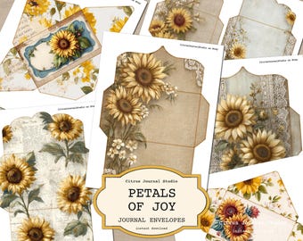 Sunflower Junk Journal Envelopes, Vintage Floral Journal Insert, Spring Digital Kit