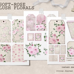 Pink Rose Journal, Pocket Tag, Junk Journal Kit, Printable Ephemera, Collage Sheet, Vintage Rose, Vintage Scrapbook, Floral Junk Journal
