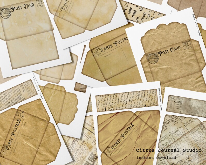 May include: A collection of vintage-style postcard templates with a distressed, aged look. The templates feature the text "CARTE POSTALE" and "POST CARD" in a classic font.