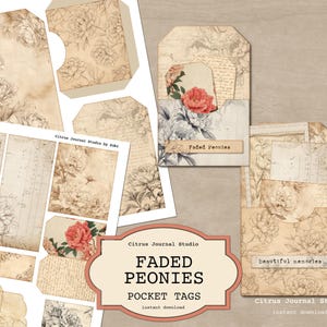 Etiquetas de bolso para diário de sucata, itens efêmeros de peônias para impressão, etiquetas com flores vintage, kit de diário, conjunto de etiquetas para diário de sucata, itens efêmeros florais