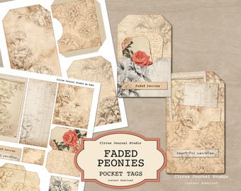 Junk Journal Pocket Tags, Printable Peonies Ephemera, Vintage Floral Loaded Tags, Journal Kit, Junk Journal Tag Set, Floral Ephemera