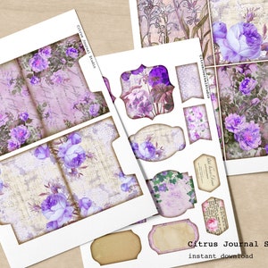 May include: A set of printable digital papers featuring a purple floral design with a vintage aesthetic. The papers include various shapes and sizes of frames and labels, perfect for scrapbooking, card making, or other crafting projects. The text "Citrus Journal Studio" and "instant download" is included on the image.
