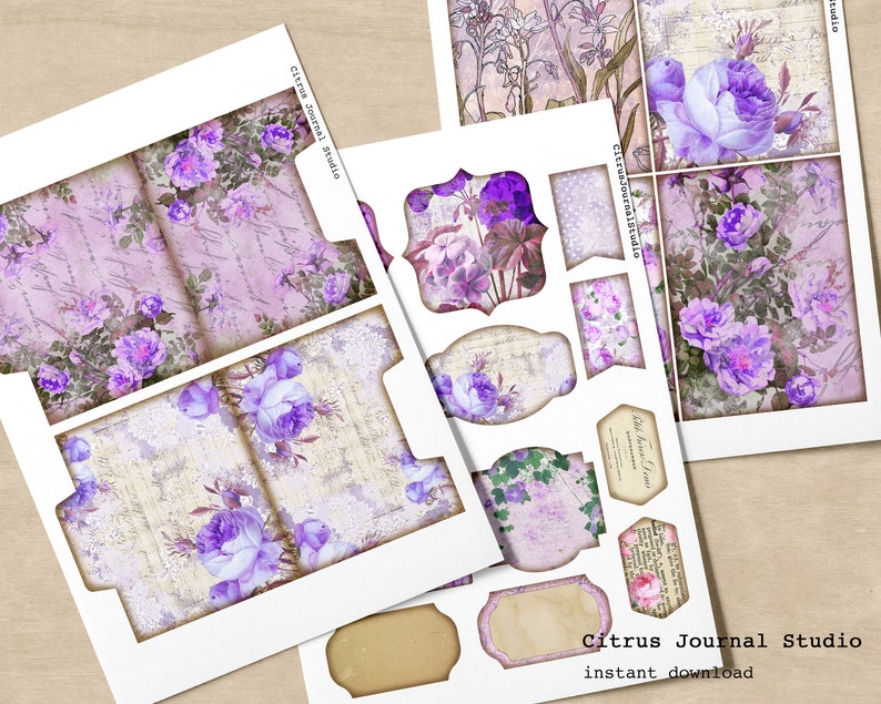 May include: A set of printable digital papers featuring a purple floral design with a vintage aesthetic. The papers include various shapes and sizes of frames and labels, perfect for scrapbooking, card making, or other crafting projects. The text "Citrus Journal Studio" and "instant download" is included on the image.