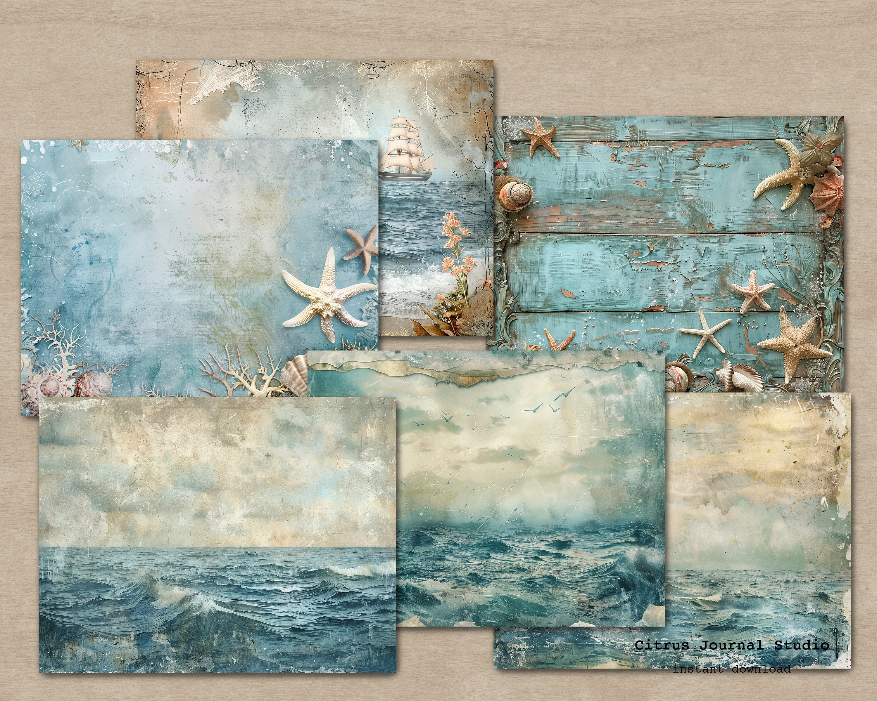 Ocean Junk Journal, Shabby Blue Journal, Blue Scrapbook Paper, Nautical ...