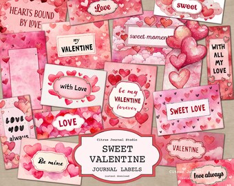 Valentines Day, Soft Pink Watercolor Junk Journal Labels, Heart Romantic Ephemera