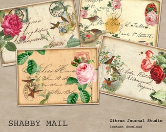 Shabby ATC Postkarten, Shabby Chic Rosen, Vintage Mail, Junk Journal Kit, Rosen Junk Journal, Vintage Ephemera, Vintage Postkarten, Floral ATC