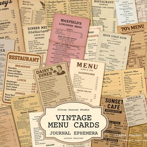 Vintage Menükarten Ephemera, druckbare Restaurantkarte Ephemera, Neutral Junk Journal Kit, Digitale Collage Papiere zum Thema Essen