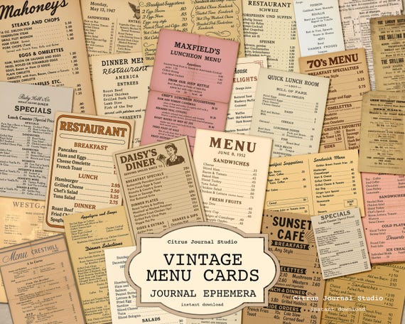 Vintage Menu Cards Ephemera, Printable Restaurant Menu Ephemera, Neutral Junk Journal Kit, Digital Food Themed Collage Papers
