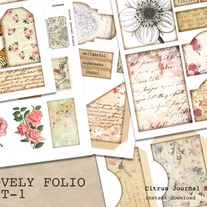 Folio Journal, Junk Journal Kit, Pocket Tags, Journal Tag, Ephemera, Embellishment, Trifold, Digital Kit, Floral Junk Journal, Vintage Tags