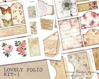 Folio Journal, Junk Journal Kit, Taschenanhänger, Journal Tag, Ephemera, Verzierung, Trifold, Digital Kit, Floral Junk Journal, Vintage Tags
