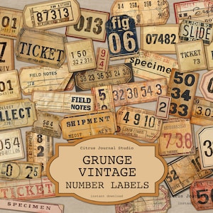 Etichette numeriche, etichette vintage, kit di diario spazzatura, etichette vintage, etichetta campione, materiale effimero etichetta, numero campione, materiale effimero stampabile