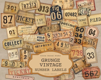 Number Labels, Vintage Labels, Junk Journal Kit, Vintage Tags, Specimen Label, Label Ephemera, Specimen Number, Printable Ephemera