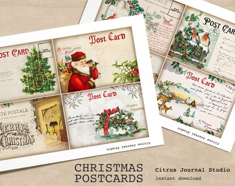 May include: A collection of vintage Christmas postcards with festive illustrations. The postcards feature images of Santa Claus, Christmas trees, and winter scenes. The words "Post Card" and "Merry Christmas" are visible.